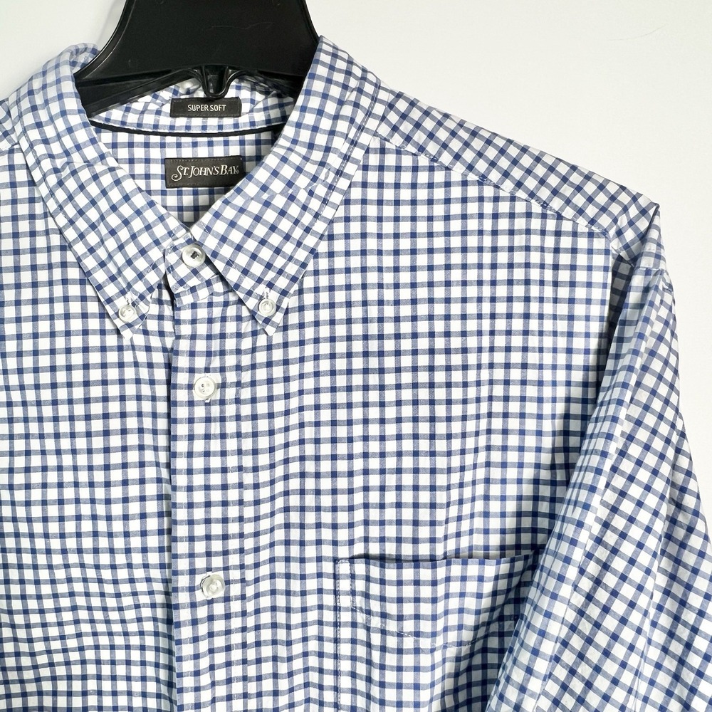 St Johns Bay Super Soft Line Mens Size 2XL Blue White Gingham Button Down Shirt